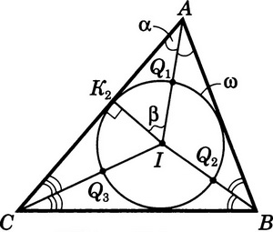 Восстановить треугольник по точкам пересечения биссектрис углов треугольника со вписанной в него окружностью